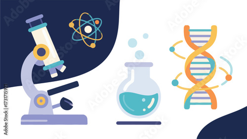 Science laboratory with microscope test tube and DNA strand