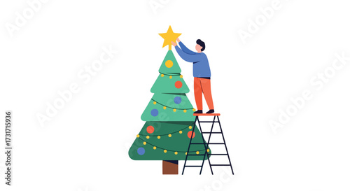 Stylized vector illustration of a man placing the star on the Christmas tree with festive decor arrangement preparations, winter holiday season