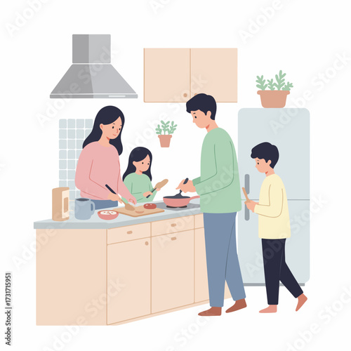 Flat Illustration Family Cooking Together in Kitchen with Warm Atmosphere