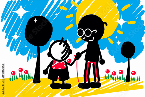Joyful Illustration of Grandparent and Child Bonding Outdoors in Vibrant, Sunny Artwork