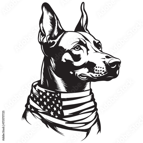 A German Shepherd Dog wear american flag print bandana. Minimal Vintage Grunge Independence Day 4th of July Patriotic Usa America Retro Clipart. Canine in color head covering herder pup.