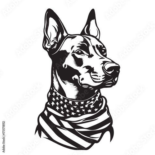 A German Shepherd Dog wear american flag print bandana. Minimal Vintage Grunge Independence Day 4th of July Patriotic Usa America Retro Clipart. Canine in color head covering herder pup.