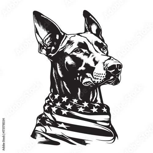A German Shepherd Dog wear american flag print bandana. Minimal Vintage Grunge Independence Day 4th of July Patriotic Usa America Retro Clipart. Canine in color head covering herder pup.