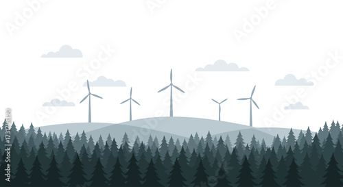 Minimalist illustration of wind turbines on rolling hills above a dense pine forest, representing renewable energy.