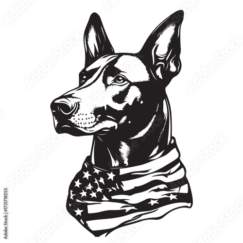 A German Shepherd Dog wear american flag print bandana. Minimal Vintage Grunge Independence Day 4th of July Patriotic Usa America Retro Clipart. Canine in color head covering herder pup.