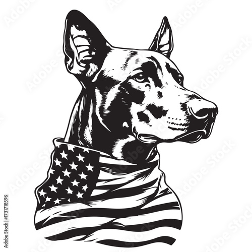 A German Shepherd Dog wear american flag print bandana. Minimal Vintage Grunge Independence Day 4th of July Patriotic Usa America Retro Clipart. Canine in color head covering herder pup.