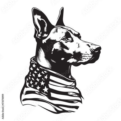 A German Shepherd Dog wear american flag print bandana. Minimal Vintage Grunge Independence Day 4th of July Patriotic Usa America Retro Clipart. Canine in color head covering herder pup.