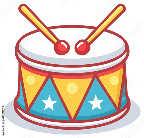 Colorful toy drum with drumsticks, featuring stars and polka dots design