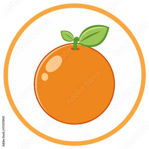 A cheerfully illustrated bright orange fruit featuring green leaves encased within a decorative circular ring