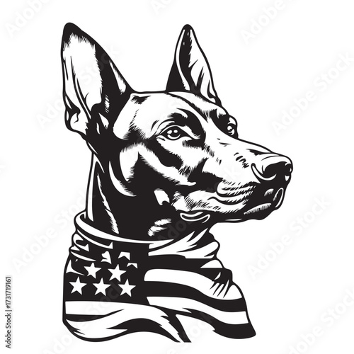 A German Shepherd Dog wear american flag print bandana. Minimal Vintage Grunge Independence Day 4th of July Patriotic Usa America Retro Clipart. Canine in color head covering herder pup.