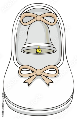 Newborn white baby shoe illustration with decorative bows and a delicate bell