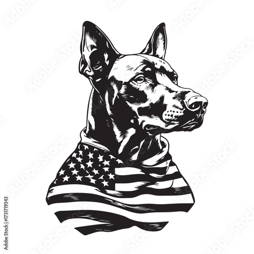 A German Shepherd Dog wear american flag print bandana. Minimal Vintage Grunge Independence Day 4th of July Patriotic Usa America Retro Clipart. Canine in color head covering herder pup.