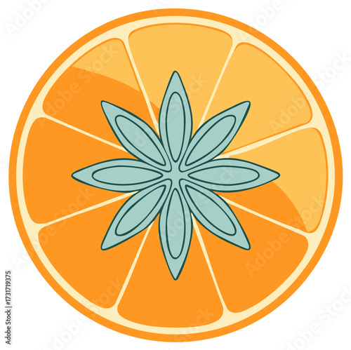 Festive orange slice with star anise spice vector illustration for winter holidays