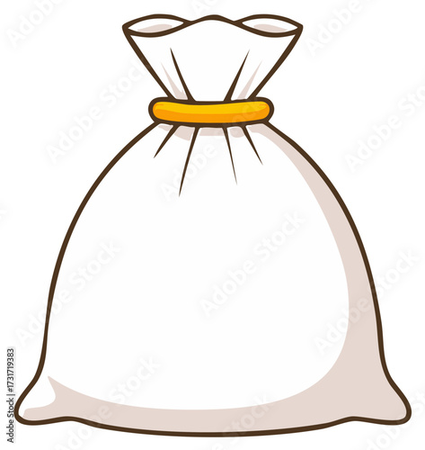 Simple cartoon illustration of a full white sack or money bag tied with a gold ring