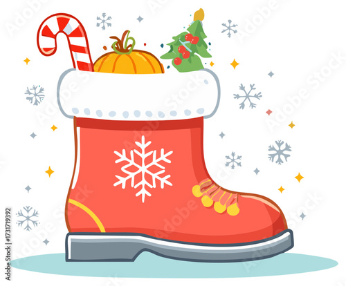 Christmas Boot Filled With Festive Gifts and Winter Snowflakes