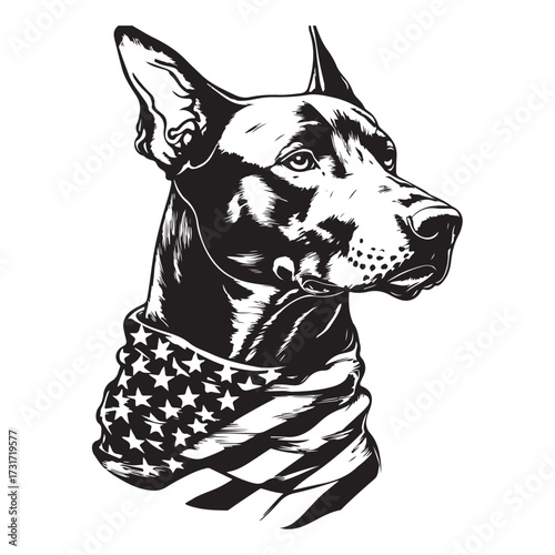 A German Shepherd Dog wear american flag print bandana. Minimal Vintage Grunge Independence Day 4th of July Patriotic Usa America Retro Clipart. Canine in color head covering herder pup.