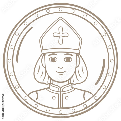 Medieval clergy figure in coin form, with hat and cross, graphic in beige colors.