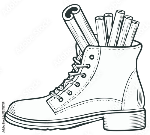 Combat boot overflowing with cinnamon sticks. Vector illustration of alternative food items.