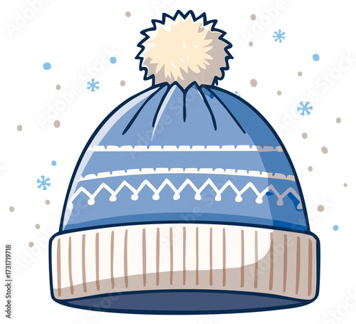 Blue knitted winter hat with pompom and decorative details, with falling snowflakes.
