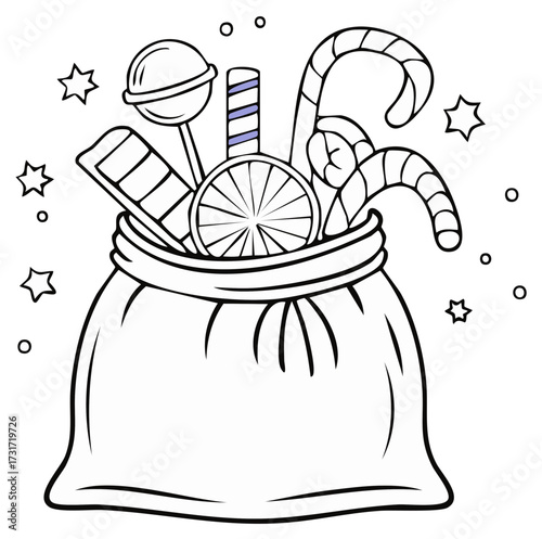 Outline drawing of a treat bag overflowing with assorted candies, lollipops, and festive elements for coloring