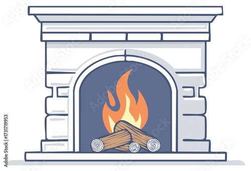 Burning logs in a stone fireplace illustration, creating a cozy atmosphere and providing warmth in a room on cold nights