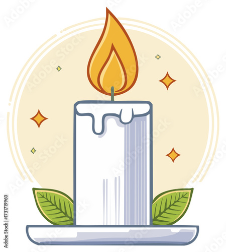Stylized lit candle illustration with green leaves and sparkles, simple and peaceful