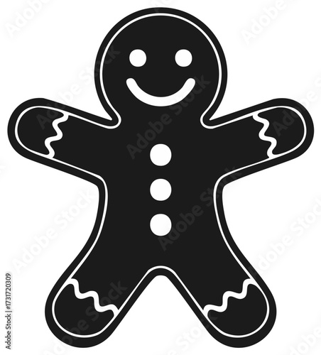 Black and white gingerbread man cartoon character with a smiling face