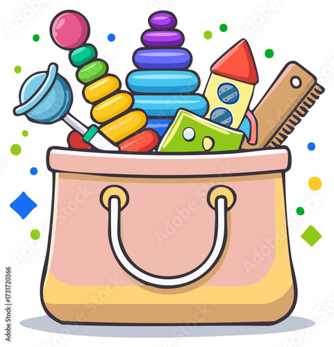 A cute cartoon tote bag full of colorful baby toys like a rattle stacking rings and a rocket