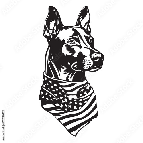 A German Shepherd Dog wear american flag print bandana. Minimal Vintage Grunge Independence Day 4th of July Patriotic Usa America Retro Clipart. Canine in color head covering herder pup.