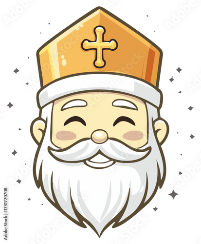 Festive illustration of smiling religious figure with white beard and mitre featuring a cross, embodying joy, warmth, and spiritual celebration