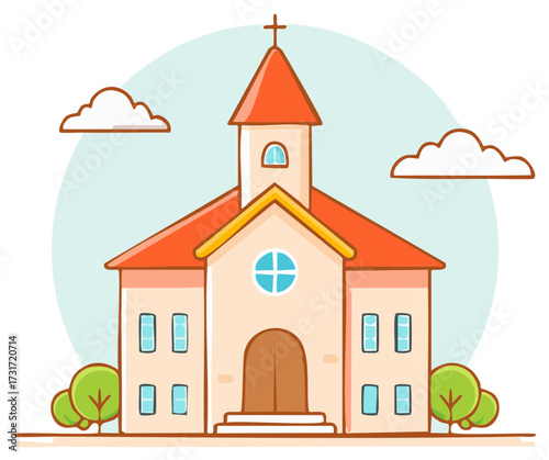 Cartoon church building with red roof and bell tower under clouds