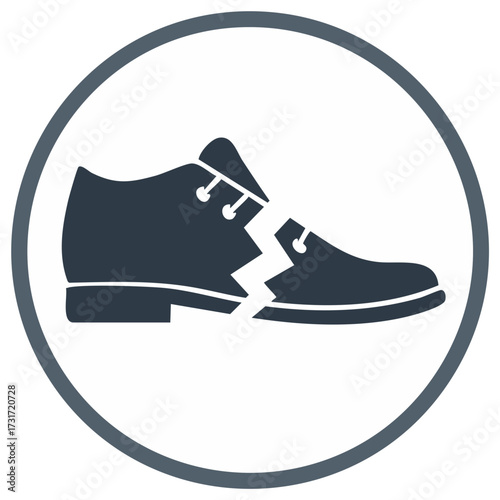 Broken shoe vector icon symbolizing damage, wear and tear, or defective product in a circle sign