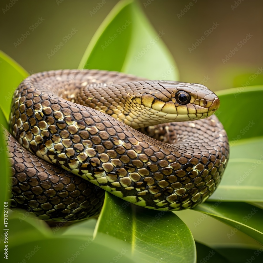 Fototapeta premium Closeup of Sri Lanka Bronze-backed Snake slithering on a tree branch, shimmering bronze stripe, emerald-green scales, sharp head focus, blurred rainforest background.