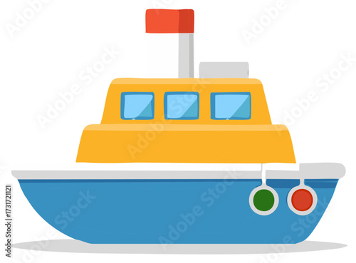 Brightly colored cartoon boat vector illustration with a red flag and blue hull perfect for children's designs