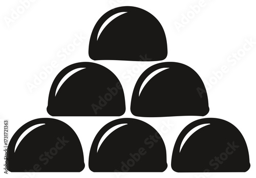 Pyramid stack of six glossy black bonbons confectionery illustration