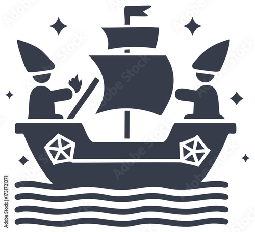 Stylized sailing ship with figures in pointed hats, one holding a torch, navigating sparkling waters.