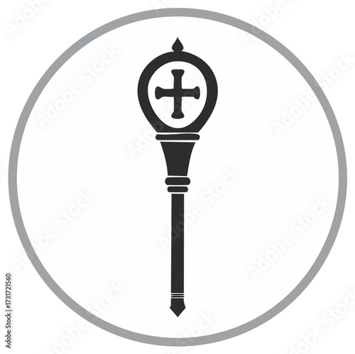 Episcopal Crosier Graphic Symbol  Round Frame Religious Icon Black and White Art
