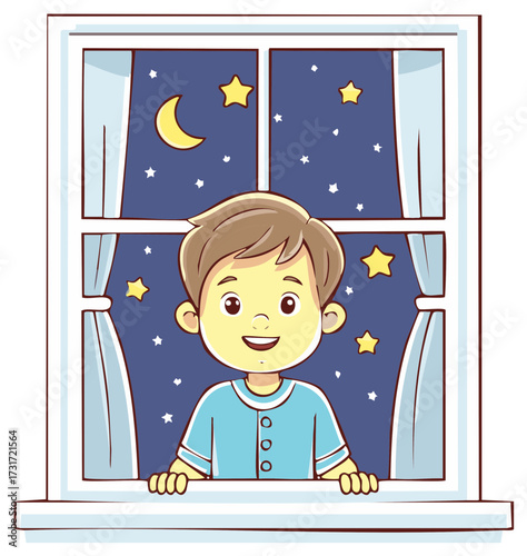 Boy gazing at night sky with stars, moon, and window sill cartoon.