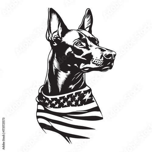 A German Shepherd Dog wear american flag print bandana. Minimal Vintage Grunge Independence Day 4th of July Patriotic Usa America Retro Clipart. Canine in color head covering herder pup.