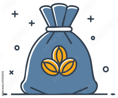 Illustrated sack of coffee beans with emblem in a flat vector design.