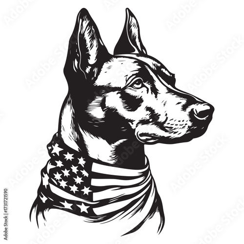 A German Shepherd Dog wear american flag print bandana. Minimal Vintage Grunge Independence Day 4th of July Patriotic Usa America Retro Clipart. Canine in color head covering herder pup.