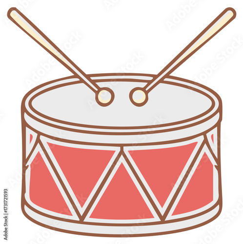 Simple illustration of a red toy drum with two drumsticks on top ready for playing music