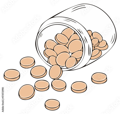 Pills spilling from a bottle illustration. Healthcare and medical concept.