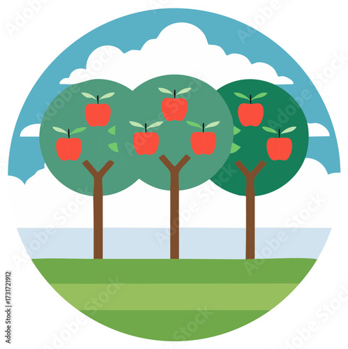 Charming Apple Orchard Scene Fruit Trees with Red Apples on Green Hill Illustration in Bright Sky