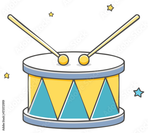 Cartoon drum with drumsticks and stars, kids instrument, music concept.