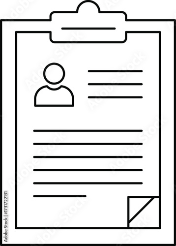 Black and white icon of a clipboard with a person icon and text lines document paper
