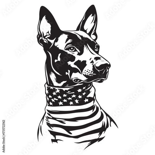 A German Shepherd Dog wear american flag print bandana. Minimal Vintage Grunge Independence Day 4th of July Patriotic Usa America Retro Clipart. Canine in color head covering herder pup.