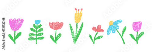 Colorful vector set of chamomile, harebell, and tulip flowers drawn in wax crayon with charcoal squiggle textures. Cute girl bedroom decoration, school projects, or kindergarten chalkboard artwork