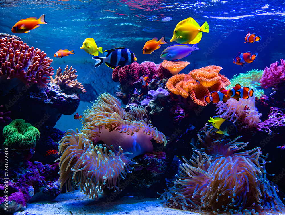 Naklejka premium Colorful coral reef with tropical fish in the red sea underwater marine life scene