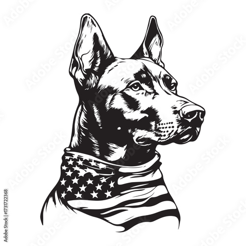 A German Shepherd Dog wear american flag print bandana. Minimal Vintage Grunge Independence Day 4th of July Patriotic Usa America Retro Clipart. Canine in color head covering herder pup.